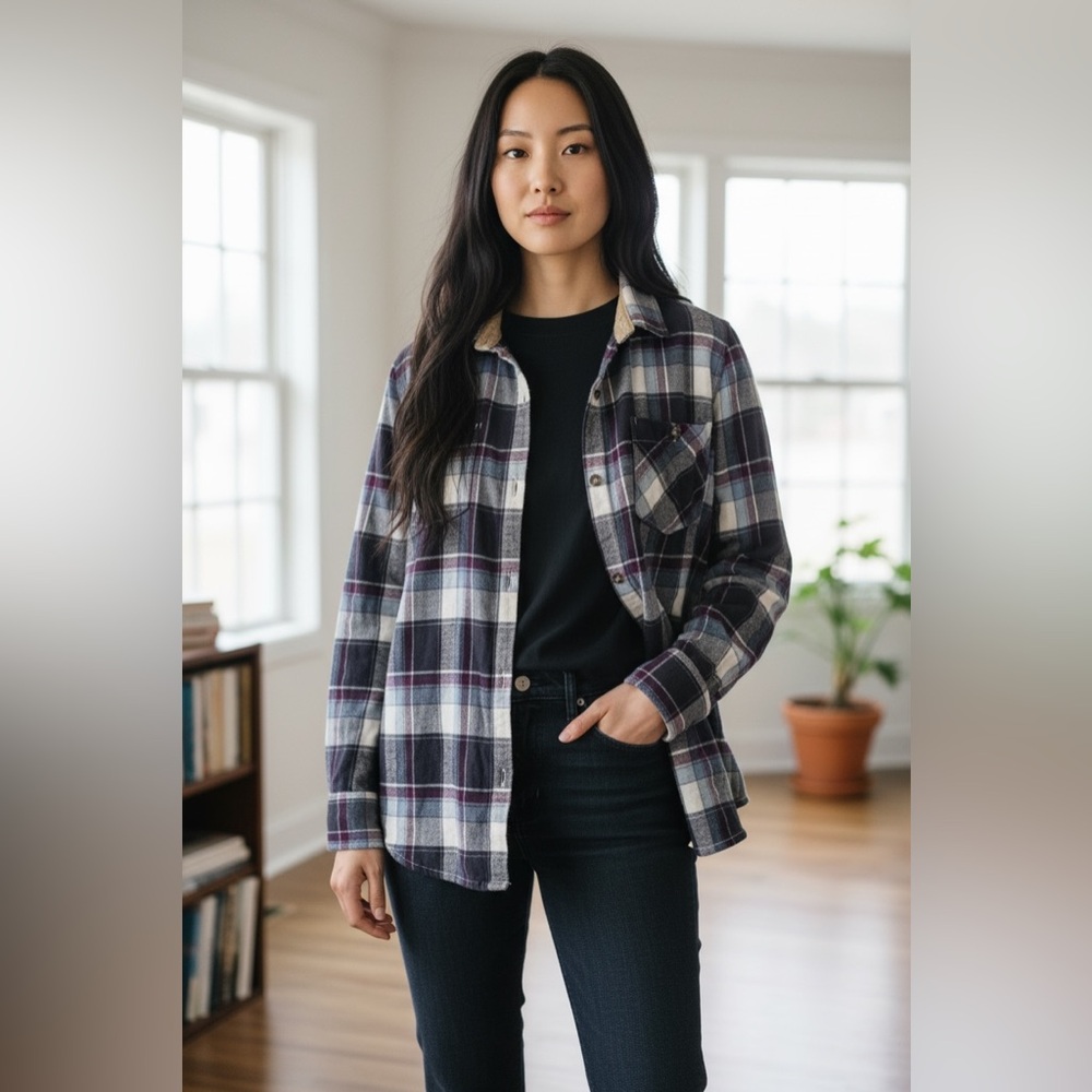 Burton Grace Women’s Plaid Flannel Shirt Gray Blue Burgundy XL